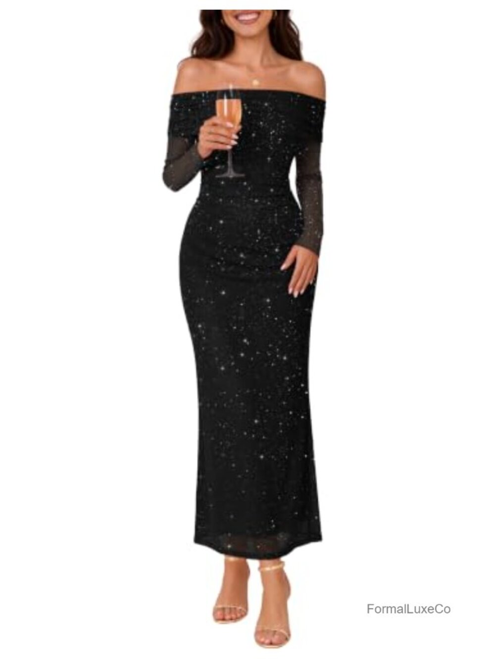 Women's Sparkly Off Shoulder Long Sleeve Mesh Bodycon Cocktail Dress